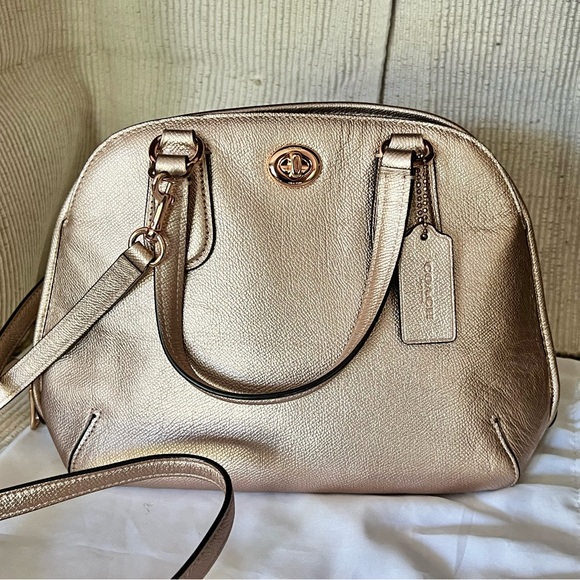 Coach Handbags - Coach Rose Gold Metallic Leather Prince Street Satchel with Turn-Lock Detail
